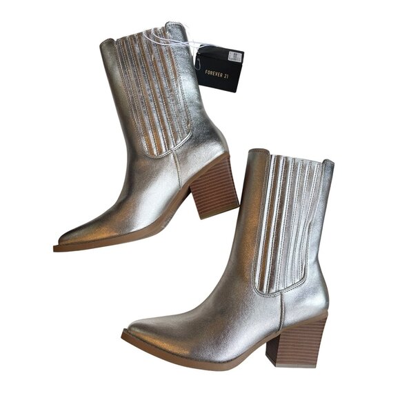 Forever 21 Ankle Boots New Metallic Silver Women's booties Size 7 Block Heel Fau - Picture 12 of 13